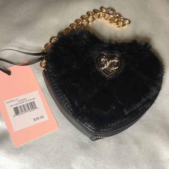 Juicy Couture Liquorice Get Cozy Faux Fur Heart Zip Around Wristlet JC Logo NWT - Picture 2 of 16